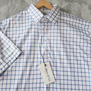 Collars & Co Polo Shirt Men 2XL English Dress Collar Blue Grid Moisture Wicking